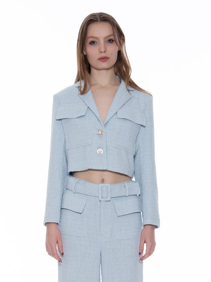 Tweed Collared Flap Detail Button Cropped Jacket