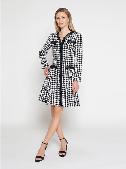 Tweed Front Button Open Long Sleeve Dress