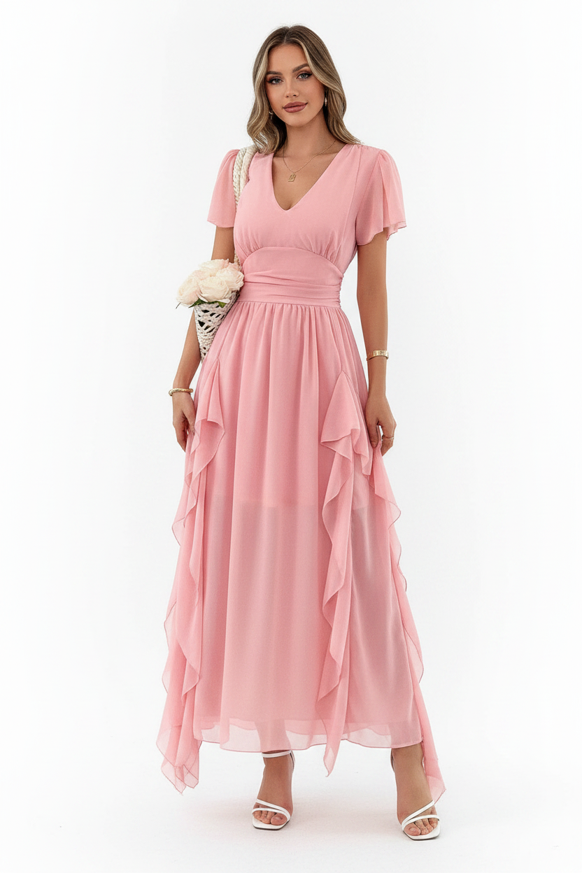 V-Neck Flutter Sleeve Dress