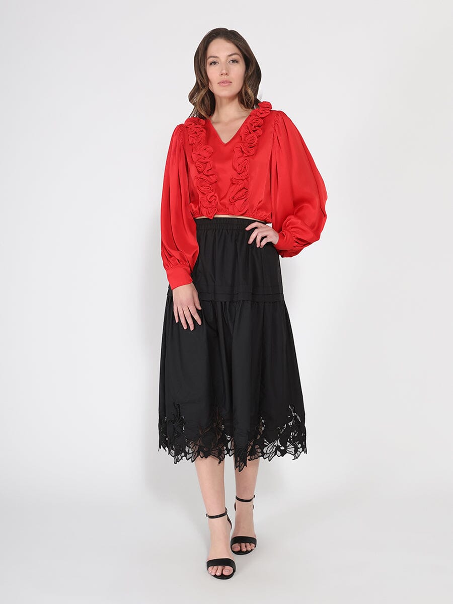 V-Neck Long Sleeve Ruffle Detailed Crop Top