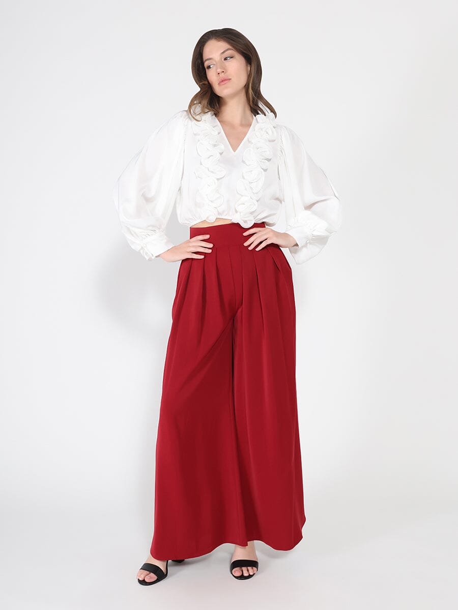 V-Neck Long Sleeve Ruffle Detailed Crop Top