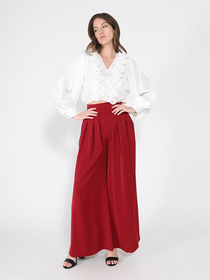 V-Neck Long Sleeve Ruffle Detailed Crop Top