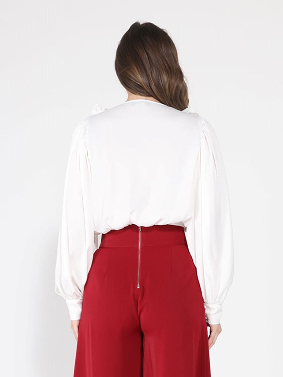 V-Neck Long Sleeve Ruffle Detailed Crop Top