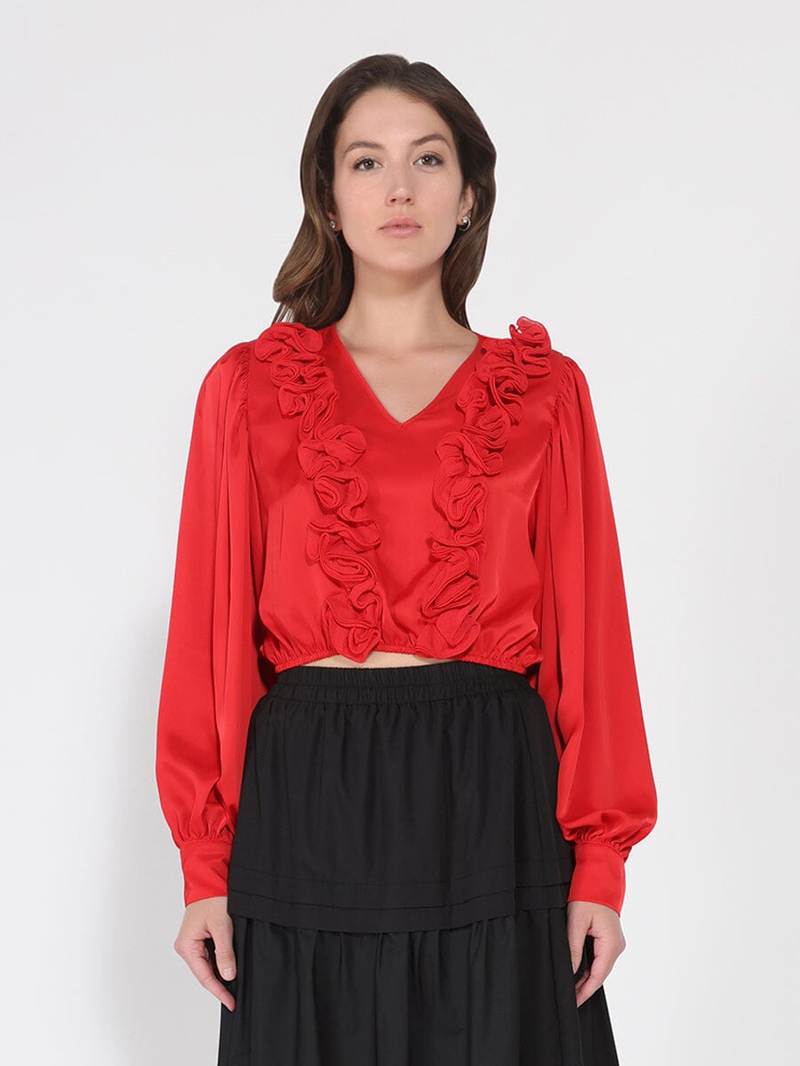 V-Neck Long Sleeve Ruffle Detailed Crop Top
