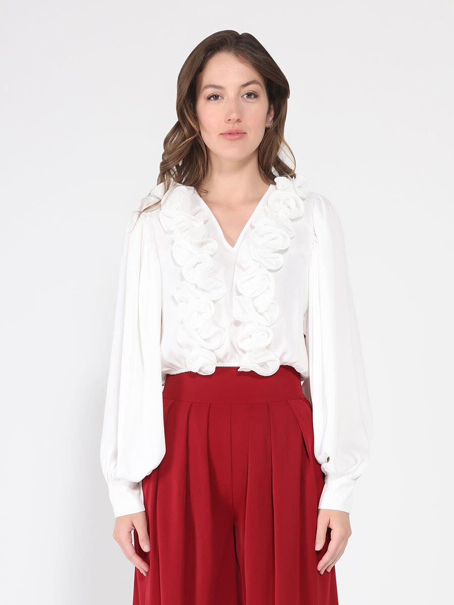 V-Neck Long Sleeve Ruffle Detailed Crop Top