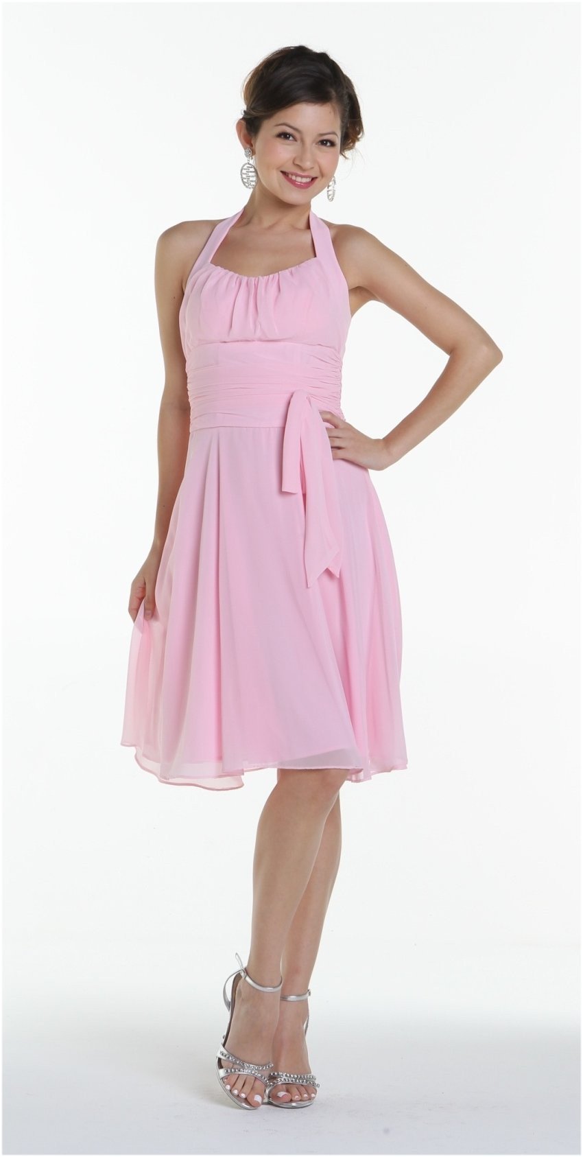 LIQUIDACIÓN - Vestido amarillo de chifón hasta la rodilla con tirante halter y lazo (Talla pequeña)