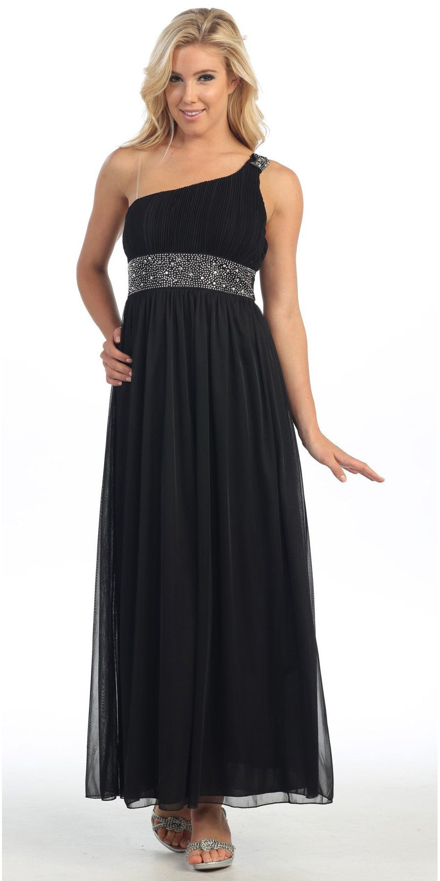 CLEARANCE - Celavie 2095L Long Black One Shoulder Gown Chiffon Empire (Size M)