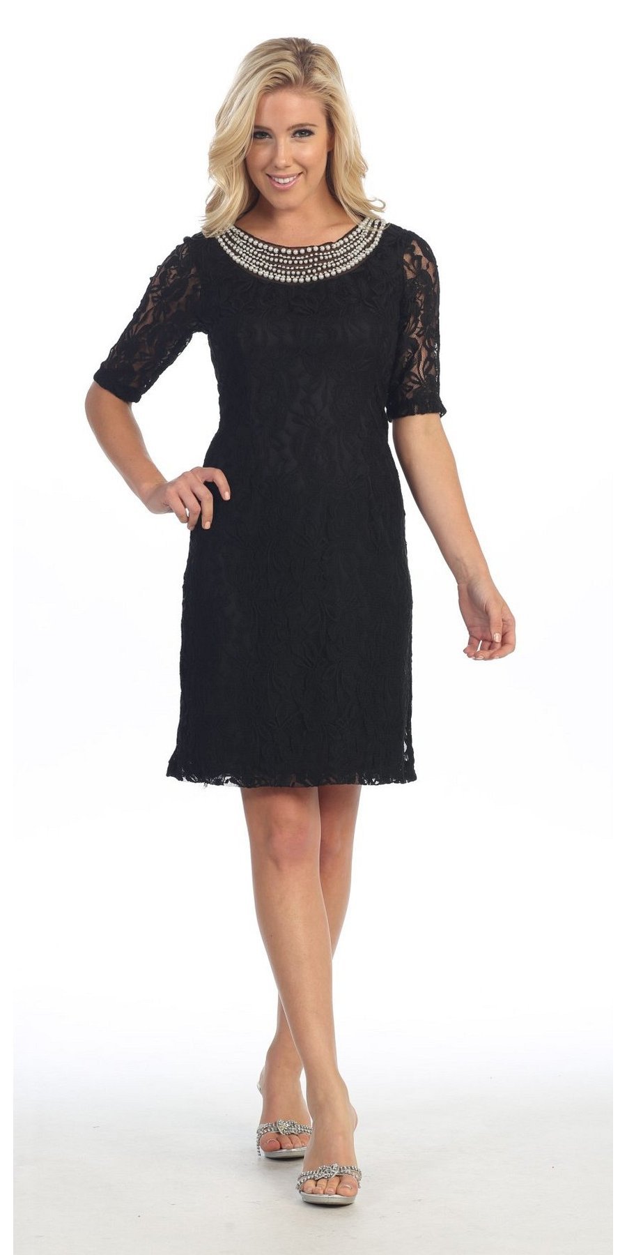 CLEARANCE - Modest Coral Knee Length Semi Formal Dress Short Sleeve Pearl Neck (Size XL, 3XL)