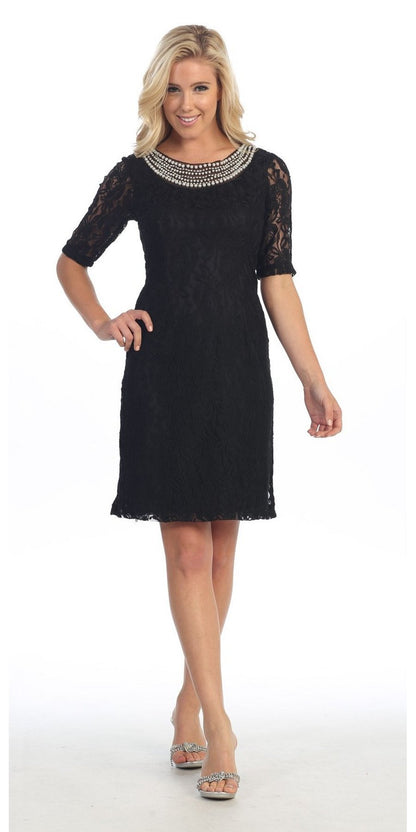 CLEARANCE - Modest Coral Knee Length Semi Formal Dress Short Sleeve Pearl Neck (Size XL, 3XL)